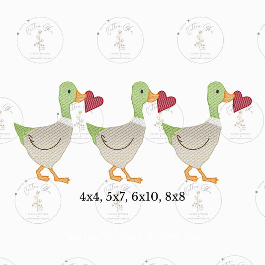 Valentines Day mallard duck with heart trio sketch fill, light fill, quick stitch machine embroidery design download file one inch two inch