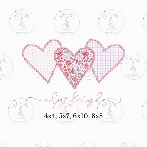 Valentines Day heart trio zig zag applique machine embroidery instant download design file by cotton gin digitizing 4 sizes