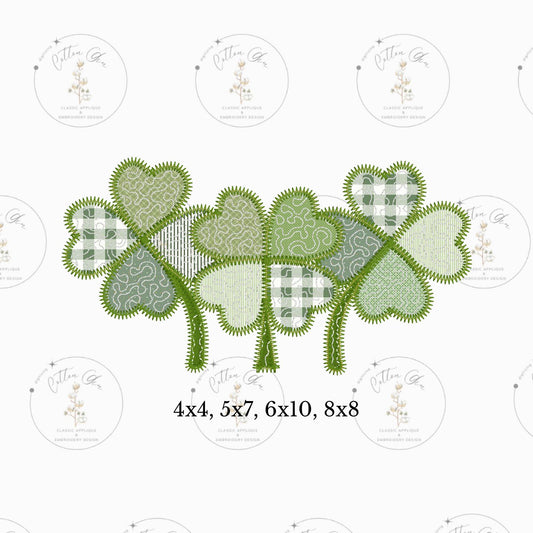 Quilted patchwork St Patricks Day Trio Shamrock Clover Applique machine embroidery design file instant download zig zag 4 sizes