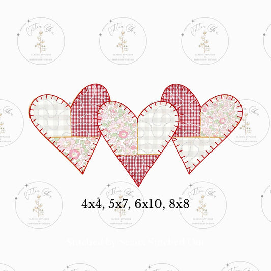 Quilted patchwork Valentines Day Trio Heart Applique machine embroidery design file instant download vintage 4 sizes