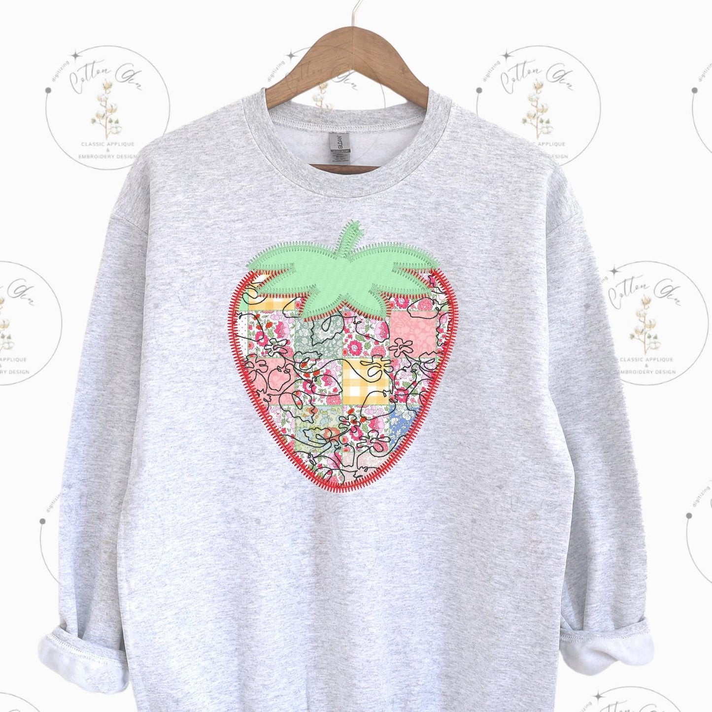 Quilted patchwork Farmhouse Strawberry Applique machine embroidery design download file Cotton Gin Digitizing 4 5 7 8 10 12 inch hoop sizes