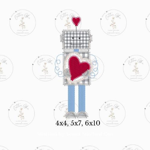 Valentines Day heart robot with valentine zig zag applique, quick stitch machine embroidery design file by cotton gin digitizing 5x7