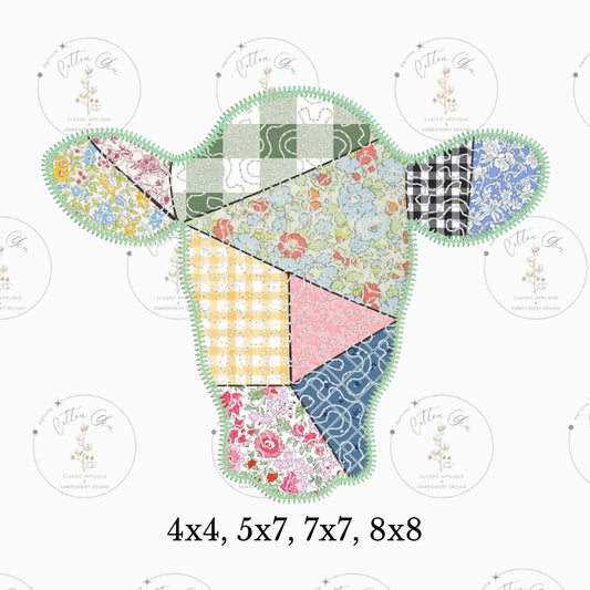 Quilted patchwork Farmhouse Cow Zig Zag Applique machine embroidery design download file by Cotton Gin Embroidery 5 different sizes