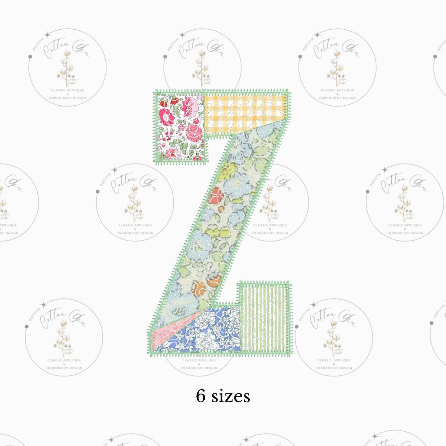 Quilted patchwork Varsity Initial Letter Z Applique machine embroidery design file by Cotton Gin Embroidery 4 5 6 7 8 9 10 inch hoop sizes