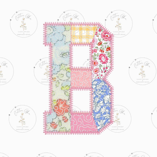 Quilted patchwork Varsity Initial Letter B Applique machine embroidery design file by Cotton Gin Embroidery 4 5 6 7 8 9 10 inch hoop sizes