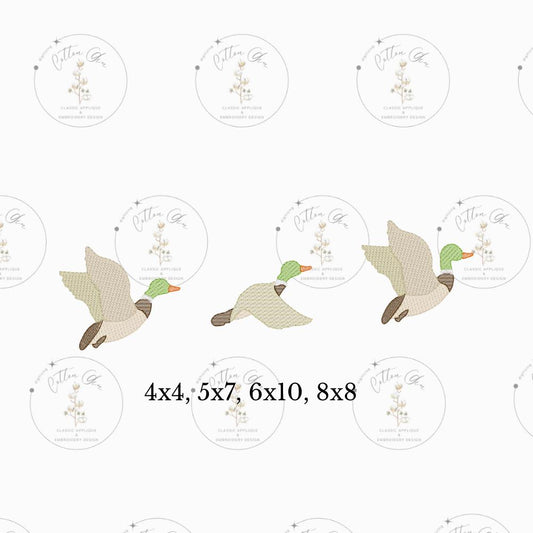 Flying Mallard Duck Trio sketch fill, light fill, quick stitch machine embroidery design download file by Cotton Gin Digitizing four sizes