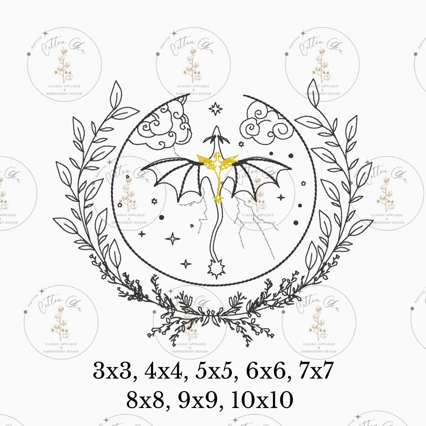 Circle Floral Dragon Lightening Romantasy dense fill embroidery machine design download file 3x3 to 10x10 8 sizes by Cotton Gin Digitizing