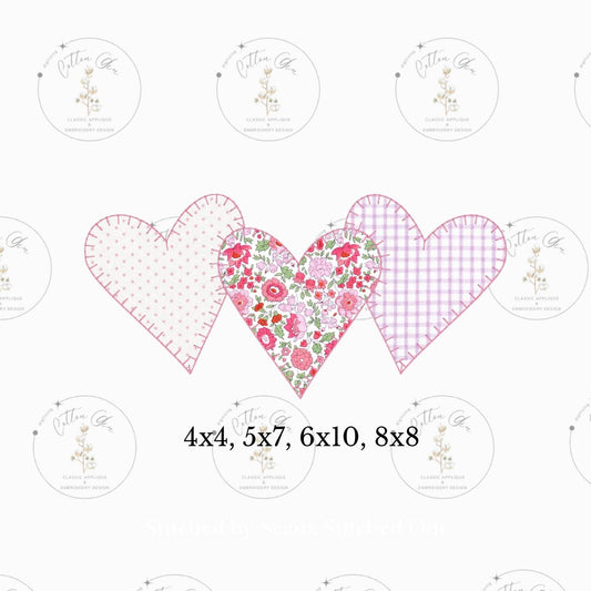 Valentines Day heart trio vintage blanket stitch applique machine embroidery instant download design file by cotton gin digitizing 4 sizes