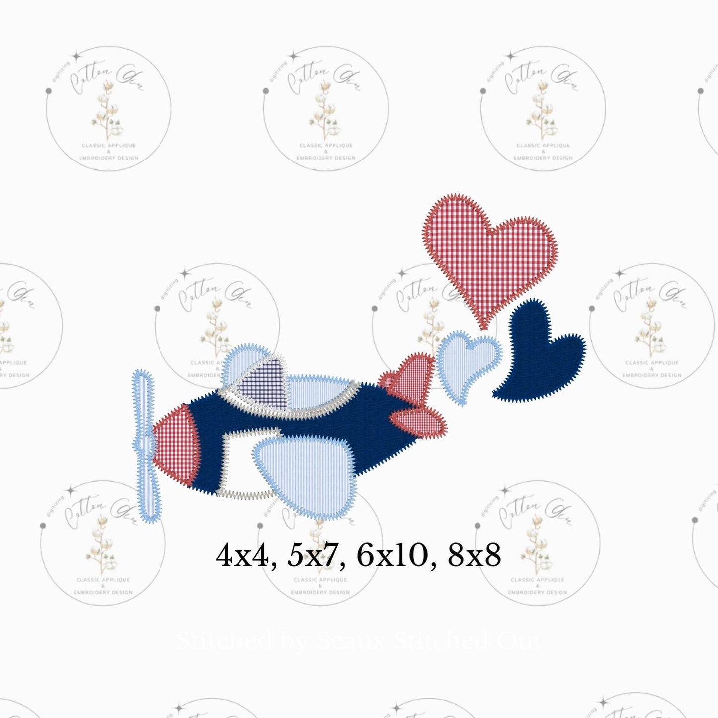 Valentines Day airplanes with heart zig zag stitch applique machine embroidery design download file four sizes by Cotton Gin Embroidery