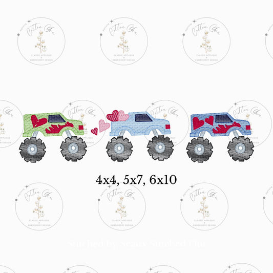 Valentines Day monster truck trio sketch fill, light fill, quick stitch machine embroidery design file by cotton gin digitizing 3 sizes