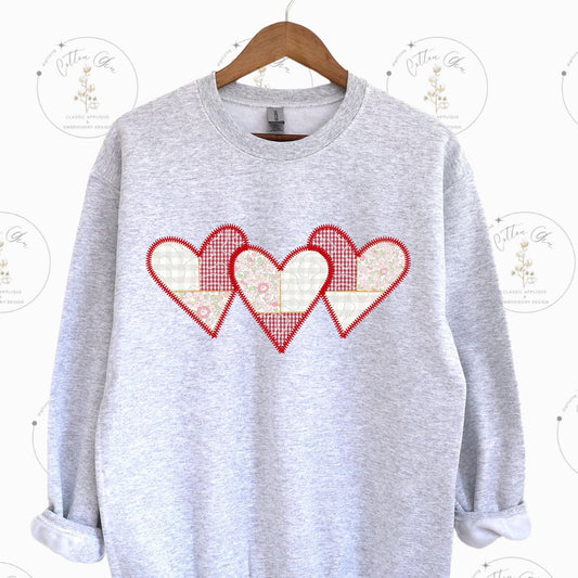 Quilted patchwork Valentines Day Trio Heart Applique machine embroidery design file instant download zig zag 4 sizes