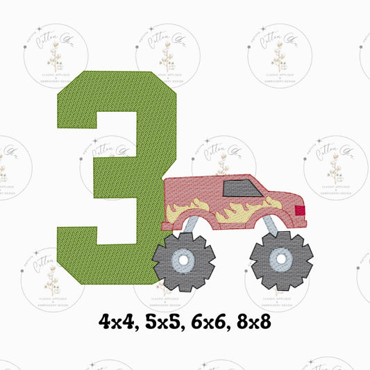 Little Boy monster truck birthday sketch fill, light fill, quick stitch machine embroidery design file by cotton gin digitizing four sizes