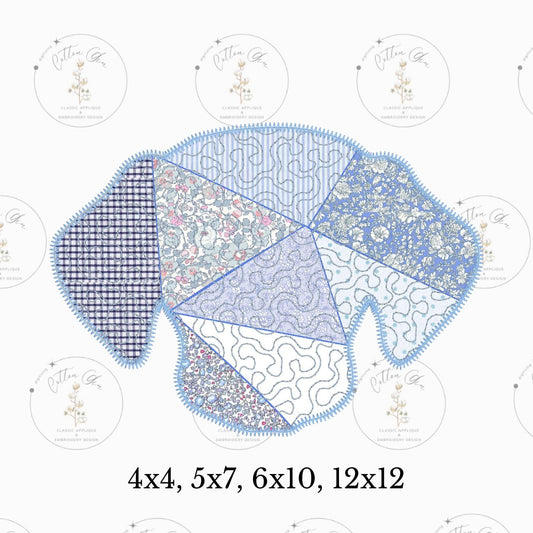 Quilted patchwork Dog Silhouette Zig Zag Applique machine embroidery design instant download file by Cotton Gin Embroidery 4 different sizes
