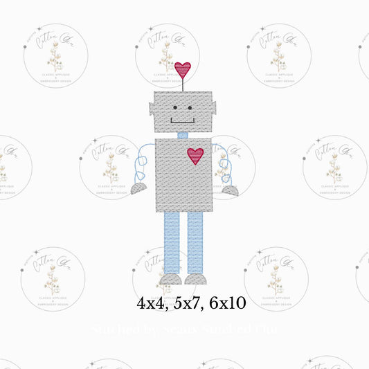Valentines Day heart robot with heart sketch fill, light fill, quick stitch machine embroidery design file by cotton gin digitizing 3 sizes