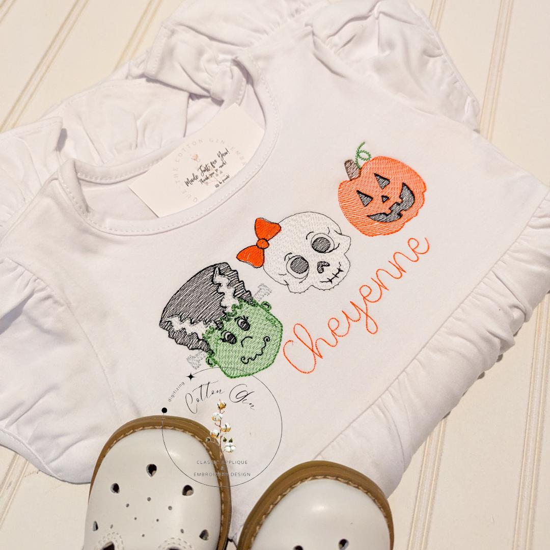 Girl Bride of Frankenstein Skull Jack O Lantern sketch fill, light fill, quick stitch embroidery design download file 4x4, 5x7, 6x10, 8x8