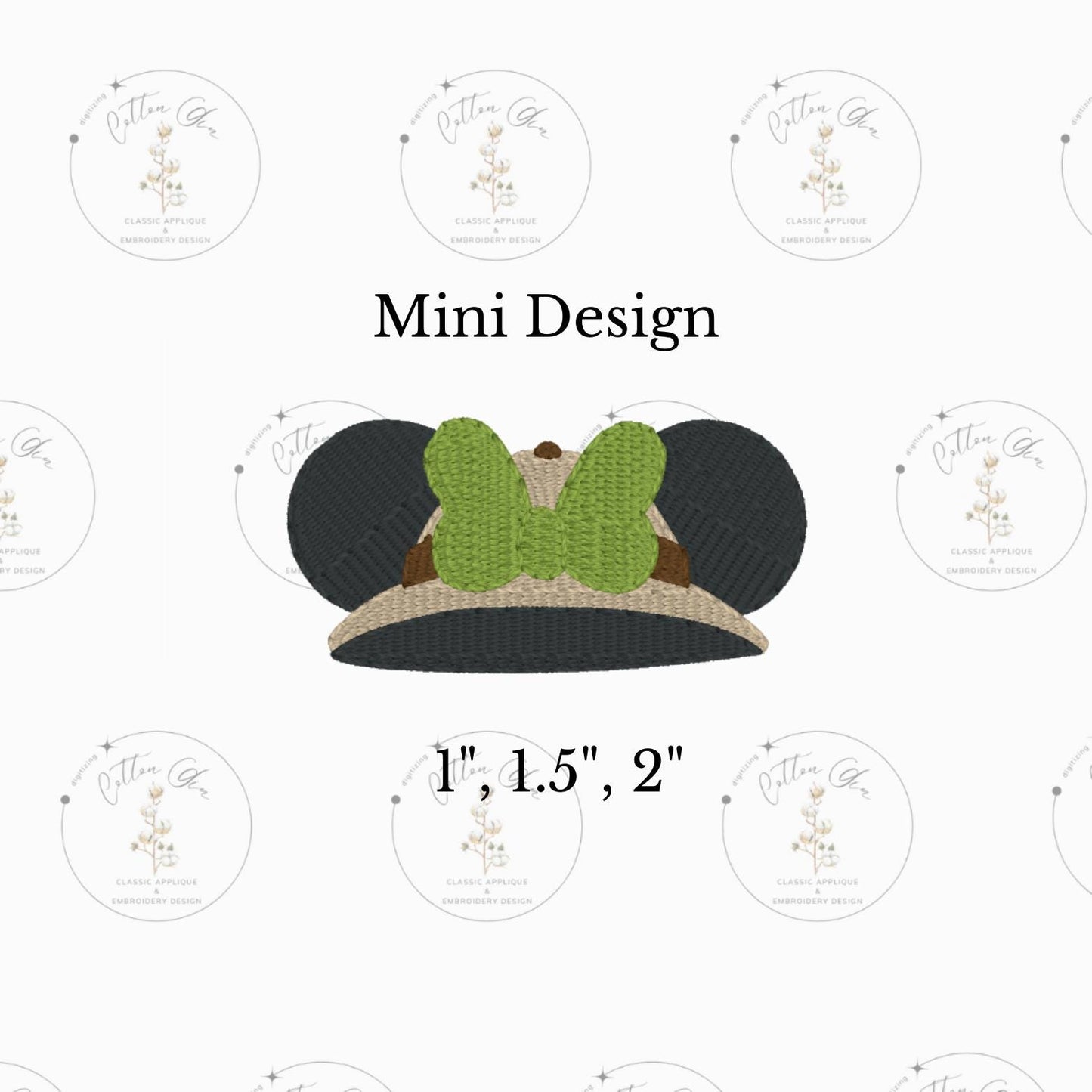 Mini Lady Mouse Ears Safari Hat Animal motif stitch, dense fill machine embroidery design download file three sizes Cotton Gin Digitizing