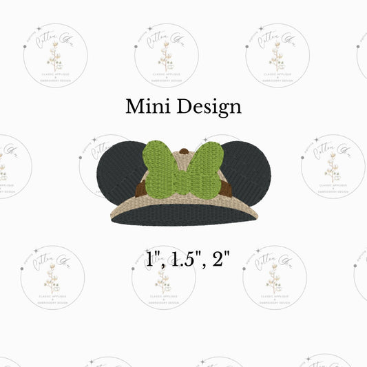 Mini Lady Mouse Ears Safari Hat Animal motif stitch, dense fill machine embroidery design download file three sizes Cotton Gin Digitizing