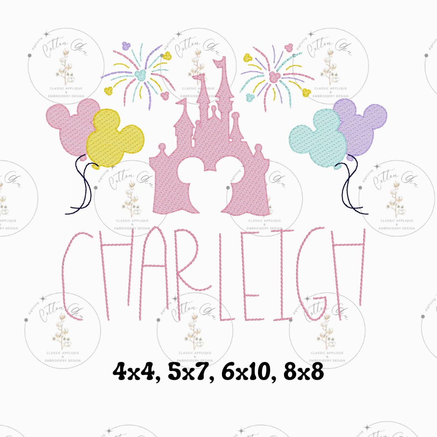 Mouse Head Theme Park Castle sketch fill, quick stitch embroidery machine design download file 4x4, 5x7, 6x10, 8x8 by Cotton Gin Digitizing