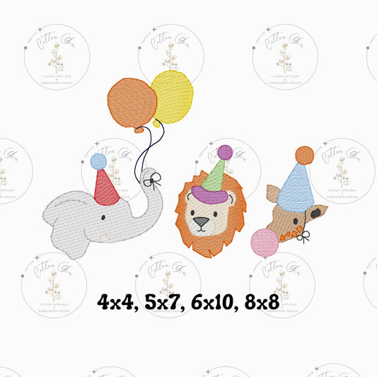 Party Safari Animals Birthday trio sketch fill, light fill, quick stitch machine embroidery design file by cotton gin digitizing four sizes