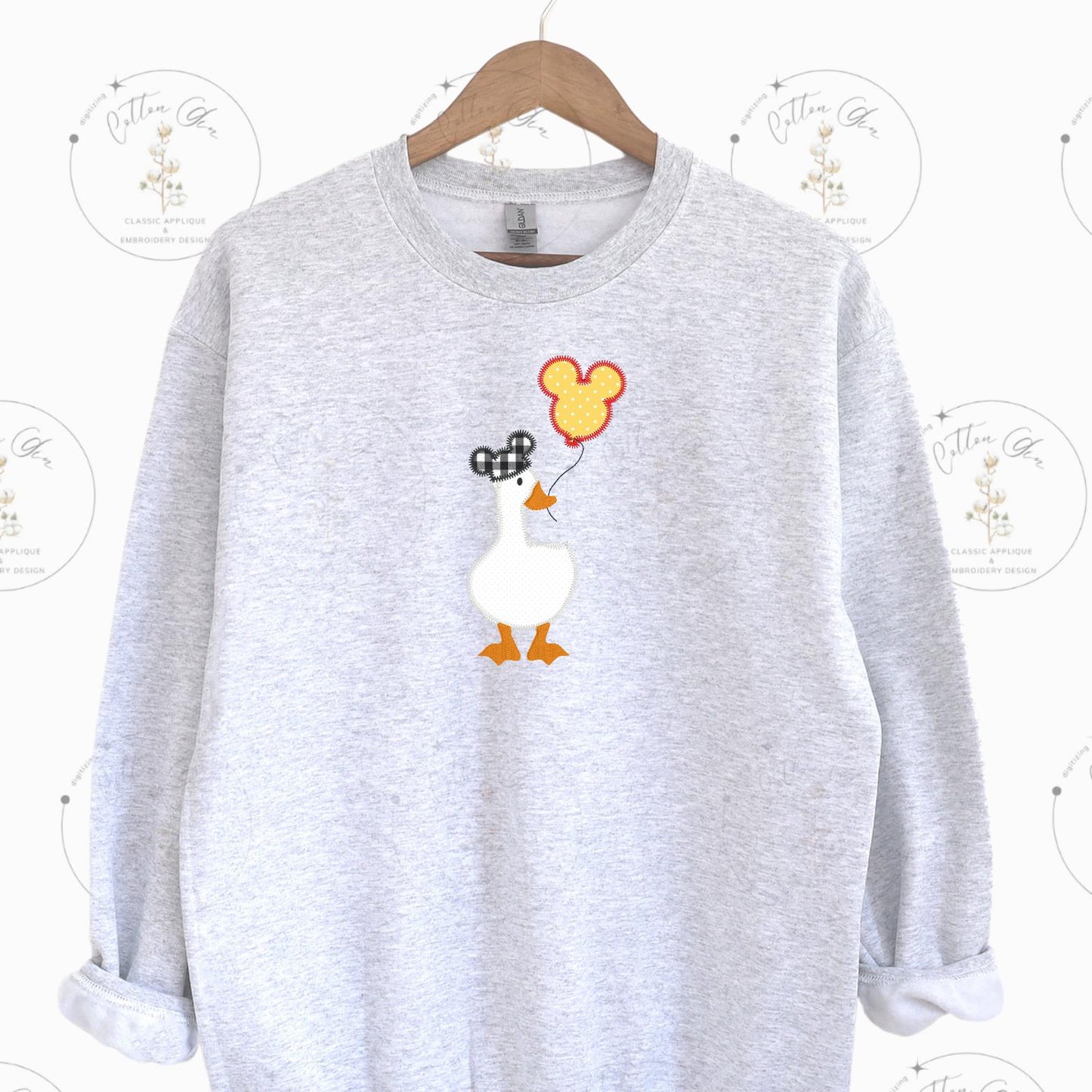 Lucky Duck with Balloon and Mouse Ears Zig Zag stitch Applique machine embroidery design download file four sizes by Cotton Gin Digitizing