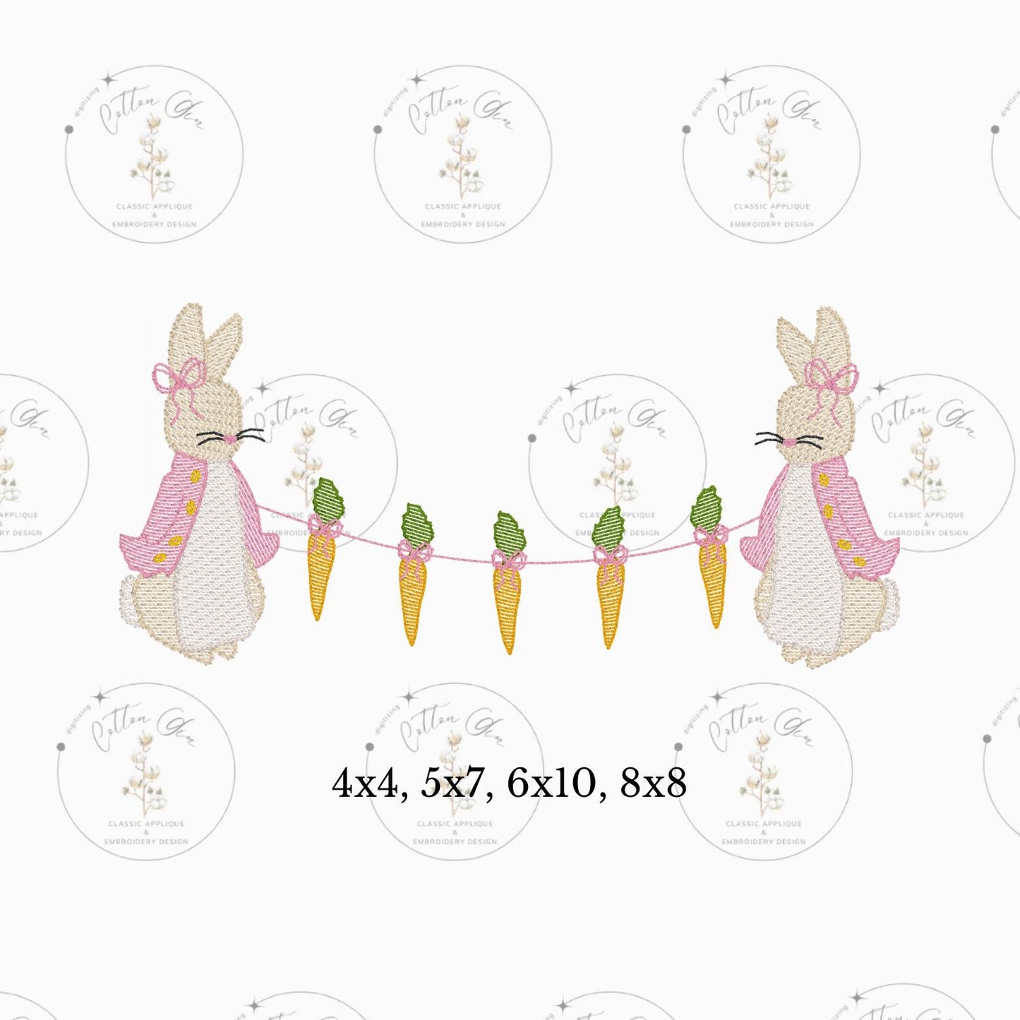 Easter Bunny Peter Rabbit Banner sketch fill, light fill, quick stitch machine embroidery download file four sizes by Cotton Gin Digitizing