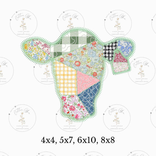 Quilted patchwork Farmhouse Cow with Tag Zig Zag Applique machine embroidery design download file by Cotton Gin Embroidery 4 different sizes
