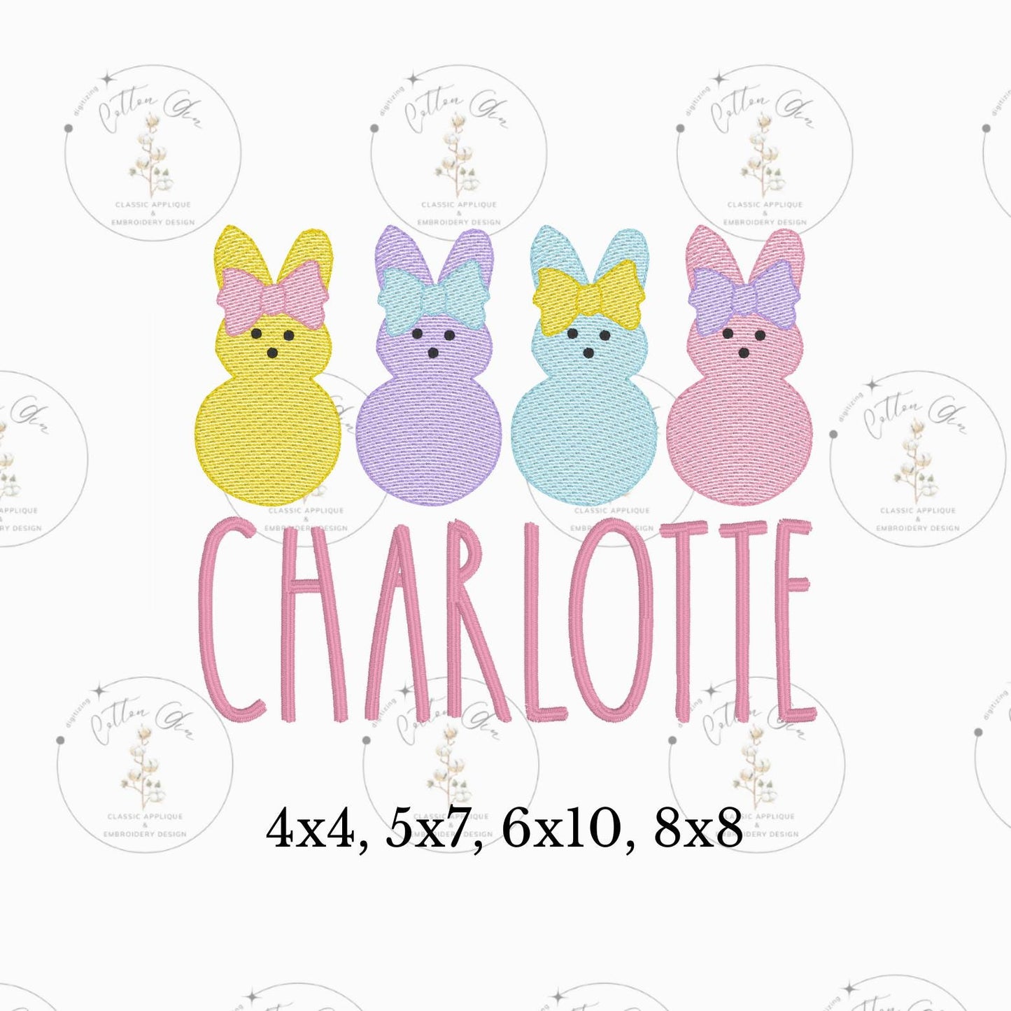 Easter candy bunny with hair bow for girls sketch fill, light fill, quick stitch machine embroidery design file by cotton gin digitizing