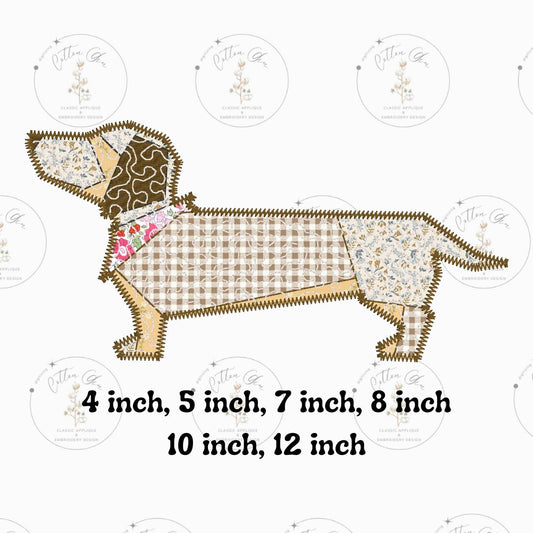 Quilted patchwork Dog Silhouette Zig Zag Applique machine embroidery design instant download file by Cotton Gin Embroidery 4 different sizes