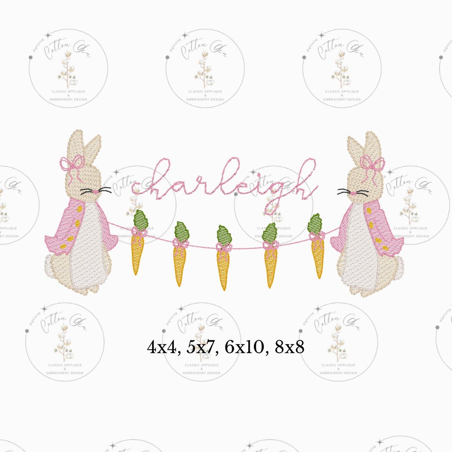 Easter Bunny Peter Rabbit Banner sketch fill, light fill, quick stitch machine embroidery download file four sizes by Cotton Gin Digitizing