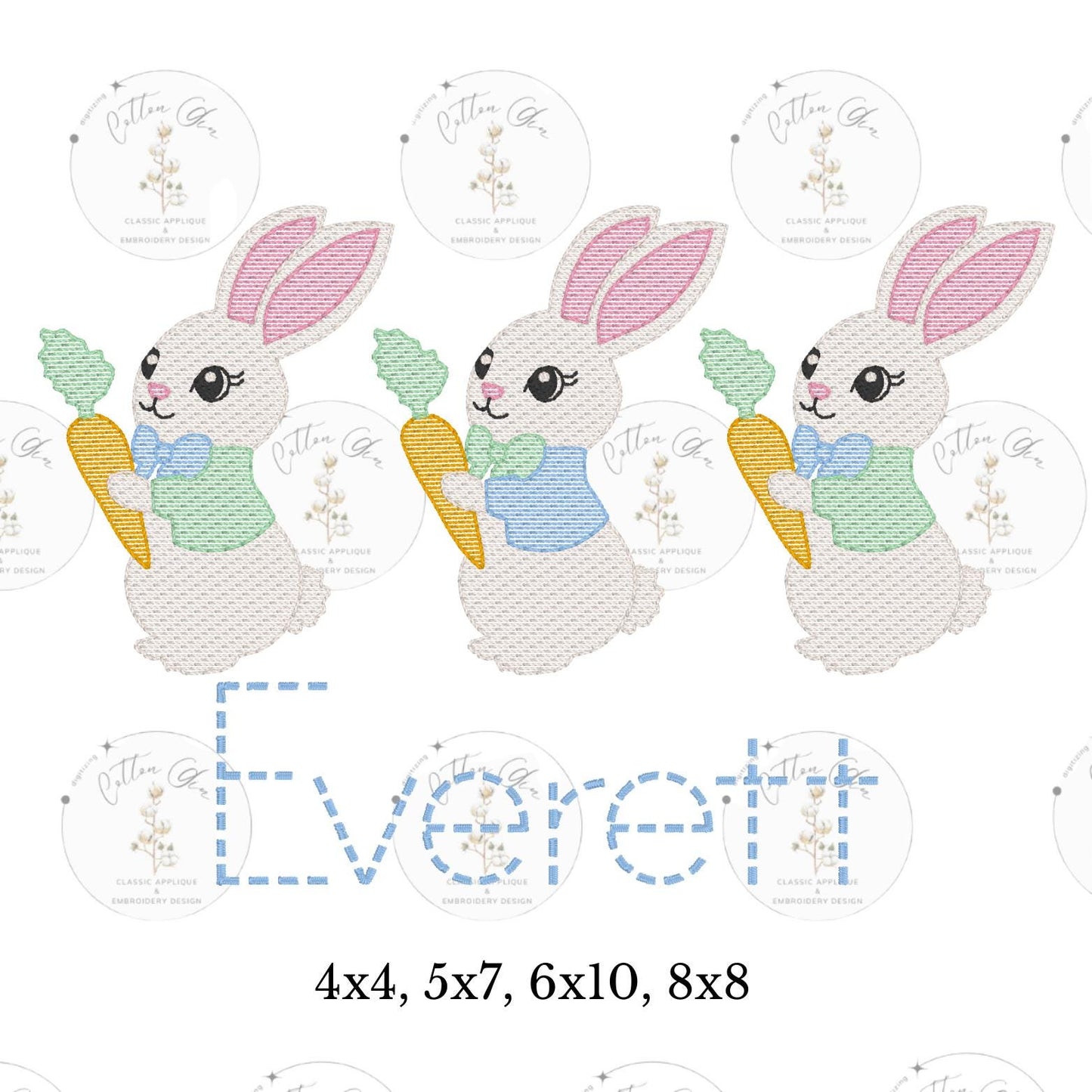 Easter Bunny Peter Rabbit Trio sketch fill, light fill, quick stitch embroidery design download file four sizes by Cotton Gin Digitizing