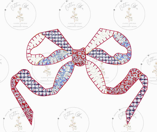 Quilted patchwork Bow Ribbon Applique machine embroidery design file instant download blanket stitch by Cotton Gin Digitizing 4 sizes