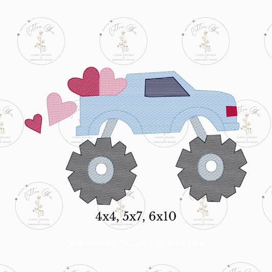 Valentines Day monster truck with hearts sketch fill, light fill, quick stitch machine embroidery design file by cotton gin digitizing