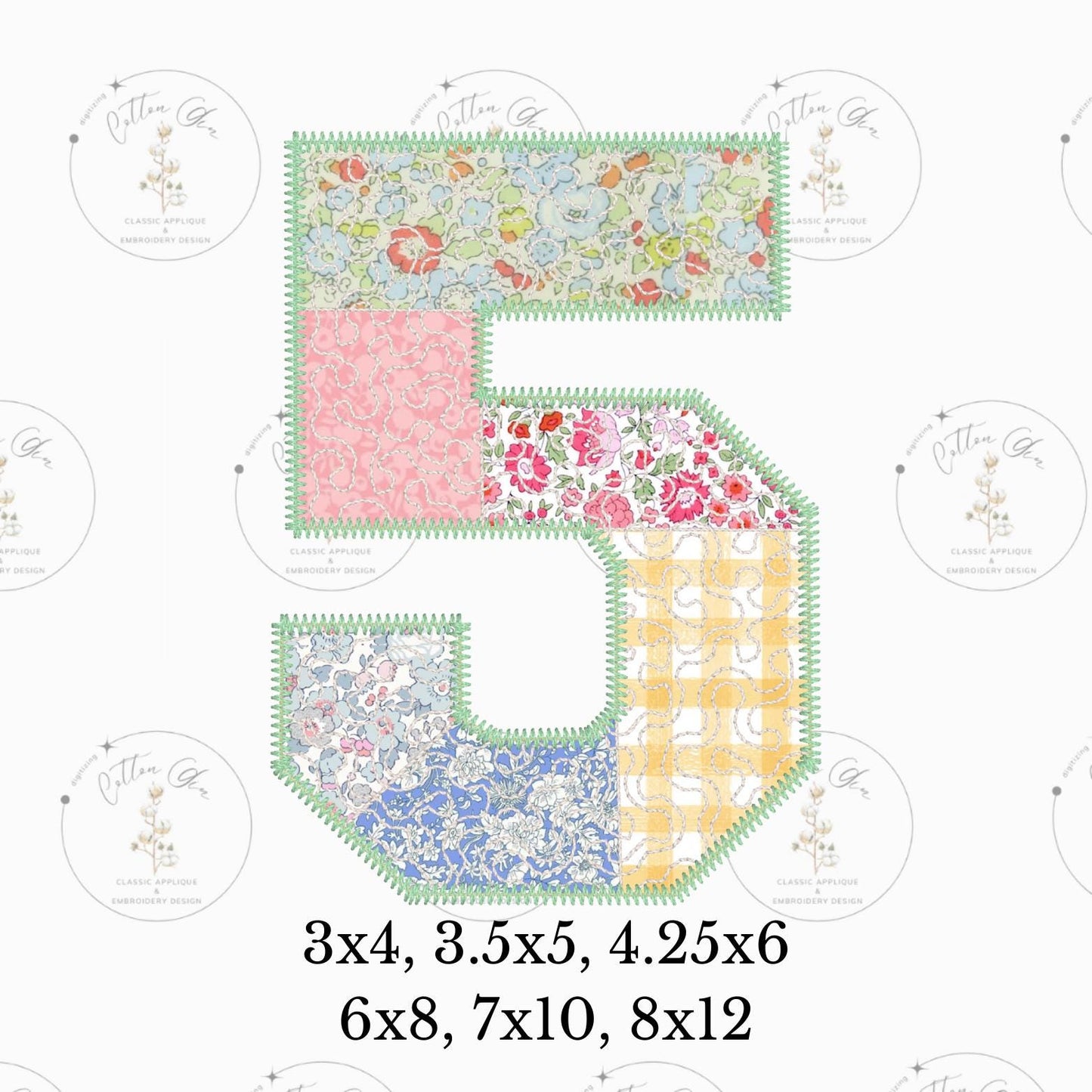 Quilted patchwork Varsity Number Five 5 Applique machine embroidery design file by Cotton Gin Embroidery 4 5 6 8 10 12 inch hoop sizes