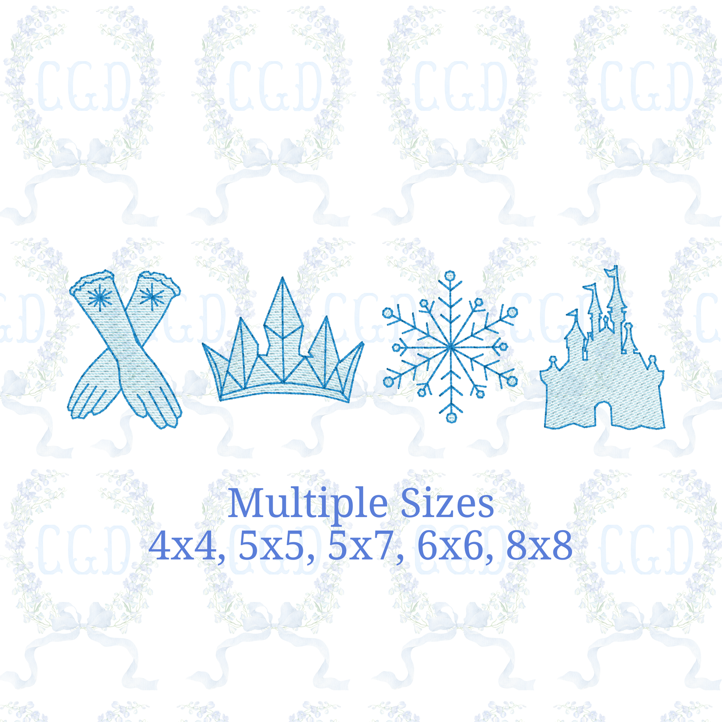 Winter Ice Princess sketch fill snowflake crown gloves castle embroidery design download file 4x4, 5x7, 6x10, 8x8 by Cotton Gin Digitizing