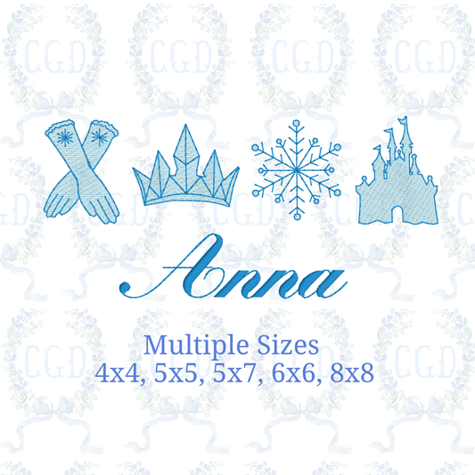Winter Ice Princess sketch fill snowflake crown gloves castle embroidery design download file 4x4, 5x7, 6x10, 8x8 by Cotton Gin Digitizing