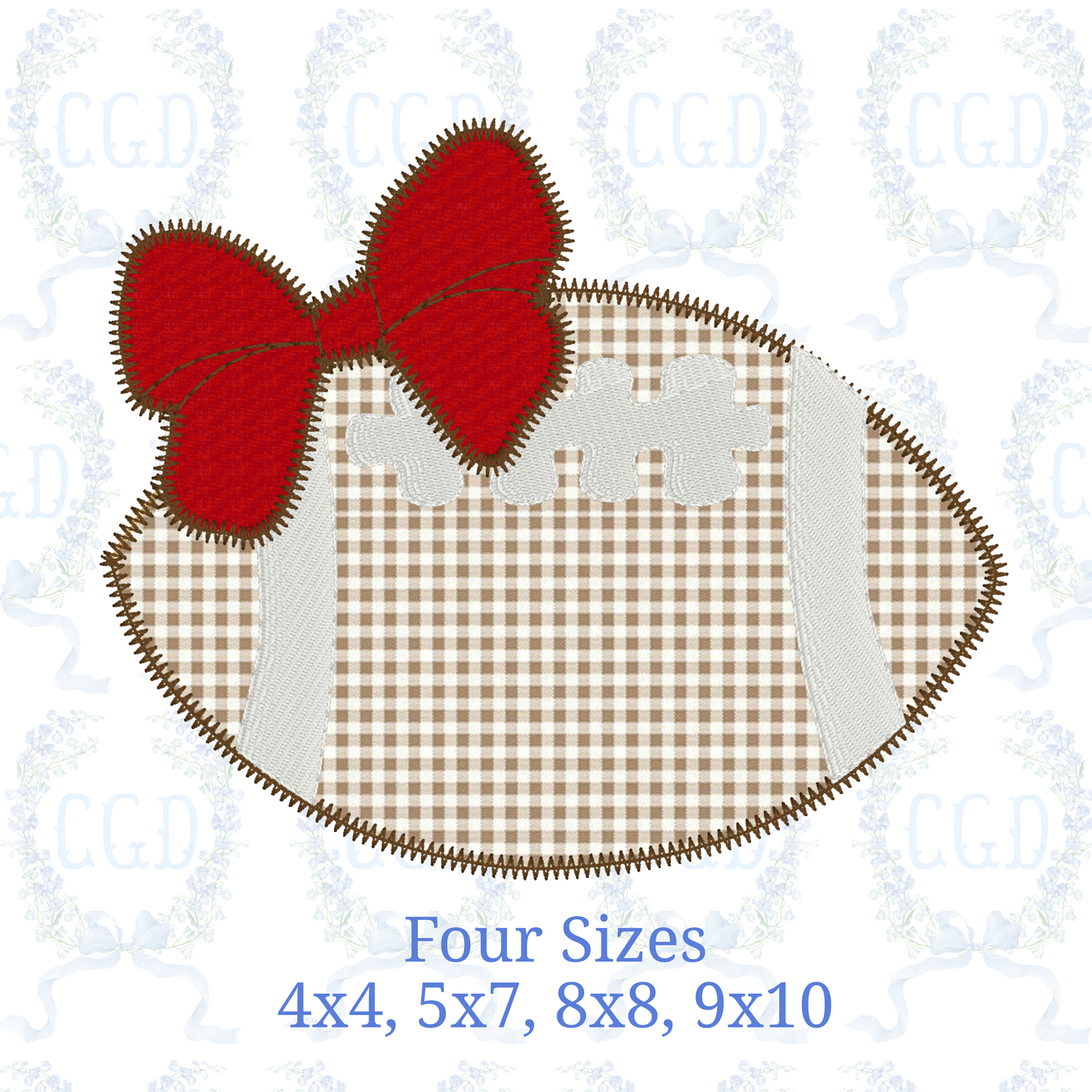 Football with Bow Zig Zag Stitch applique, quick stitch embroidery machine design download file 4x4, 5x7, 8x8, 9x10 by Cotton Gin Digitizing (Copy)