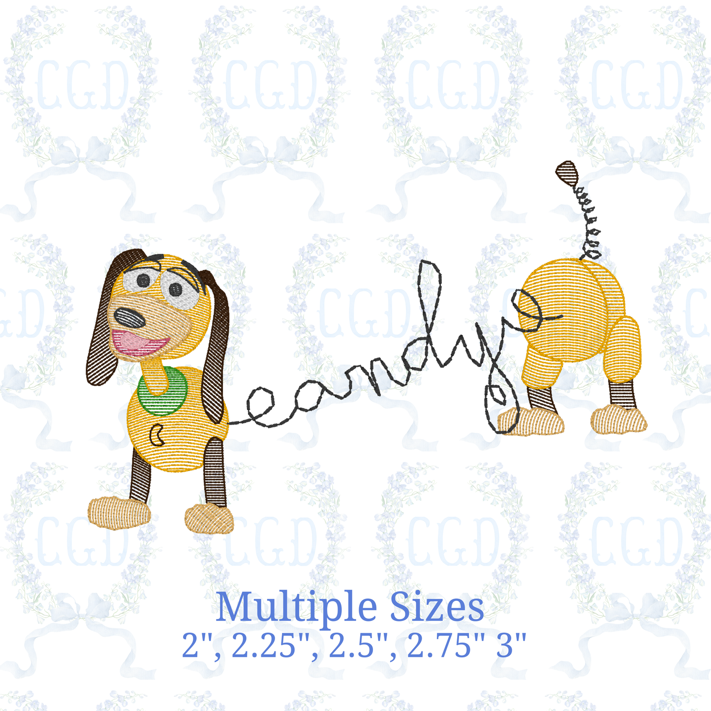 Sketchy Slinky Dog Name Split Border Embroidery Design | Quick Stitch Dachshund Toy | 5 Sizes | Cursive Name Frame by Cotton Gin Digitizing