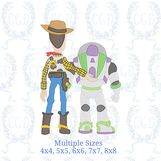 Cowboy and Space Ranger Sketch Fill Embroidery Design, Best Friends Trio Machine Embroidery File, 4x4 5x5 6x6 7x7 8x8, Quick Stitch