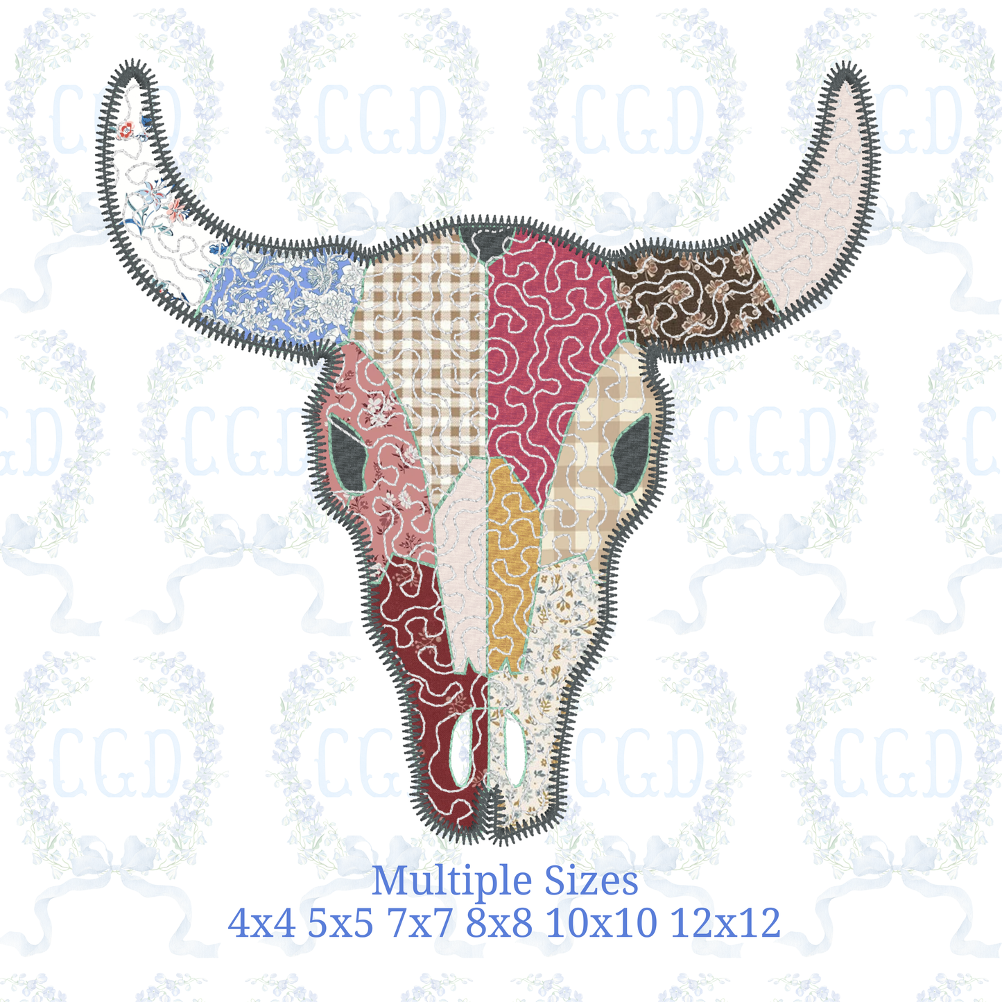 Patchwork Steer Skull Embroidery Design Western Longhorn Skull Applique  Boho Western Cow Skull Embroidery File  Boutique Western Embroidery Design