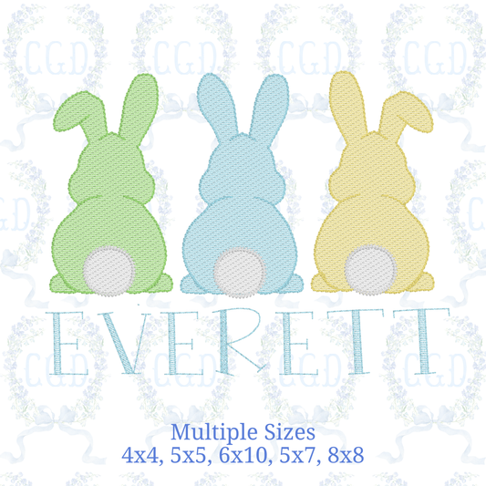 Bunny Trio Embroidery Design, Easter Bunny Back View, Three Bunnies Sketch Stitch, Spring Rabbit File, Boy Bunny Machine Embroidery File