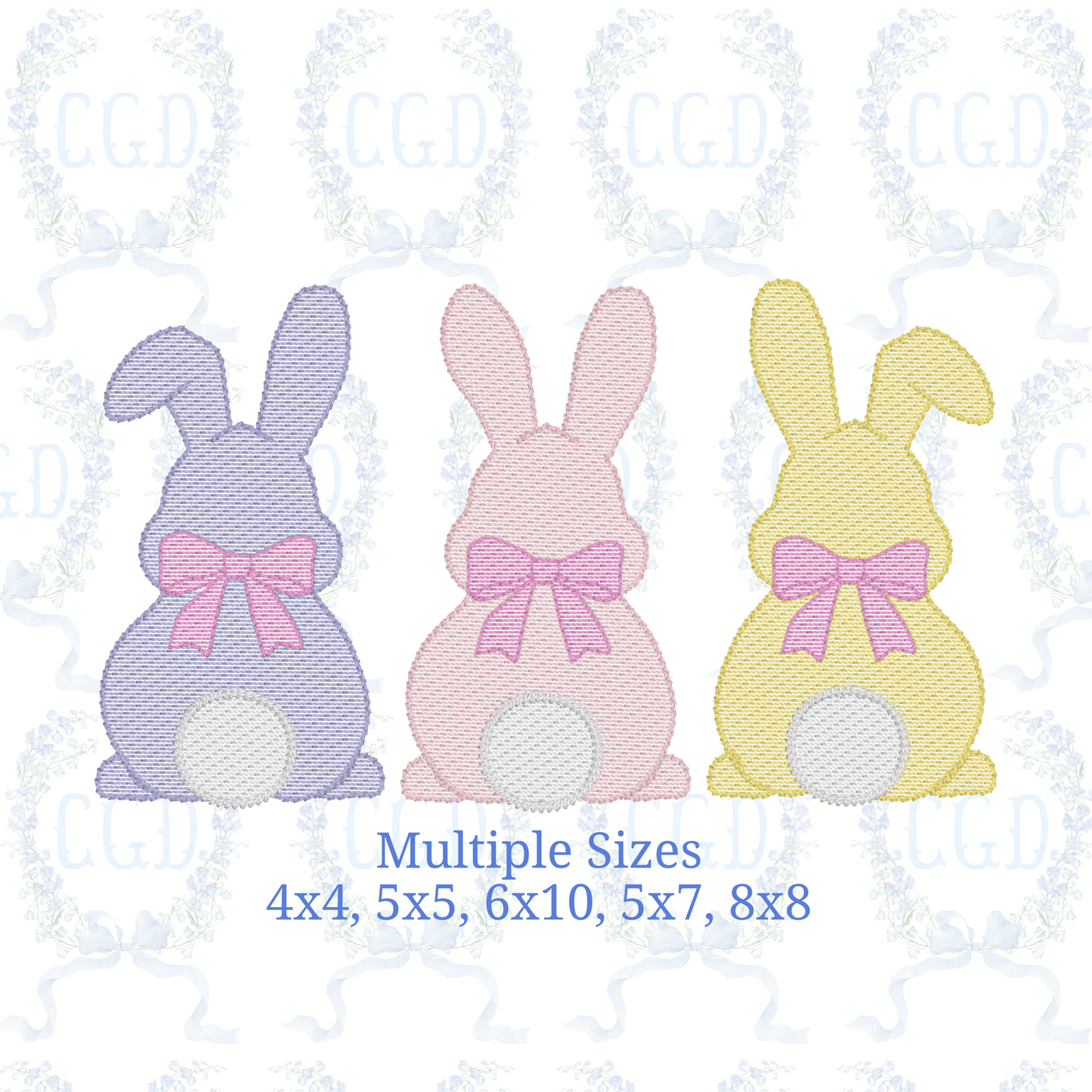 Bunny Trio Embroidery Design, Easter Bunny Back View, Three Bunnies Sketch Stitch, Spring Rabbit Girls Bows Bunny Machine Embroidery File