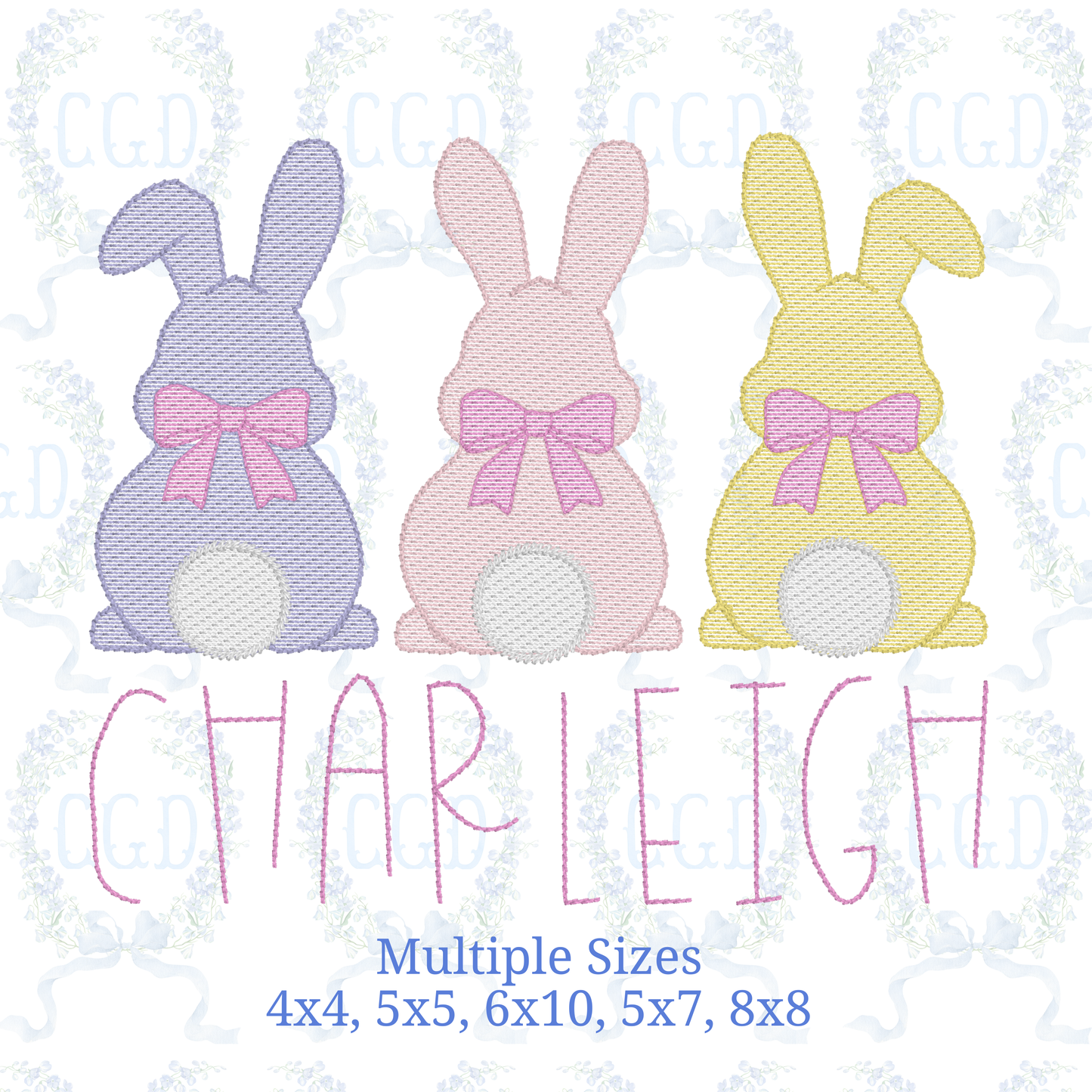 Bunny Trio Embroidery Design, Easter Bunny Back View, Three Bunnies Sketch Stitch, Spring Rabbit Girls Bows Bunny Machine Embroidery File