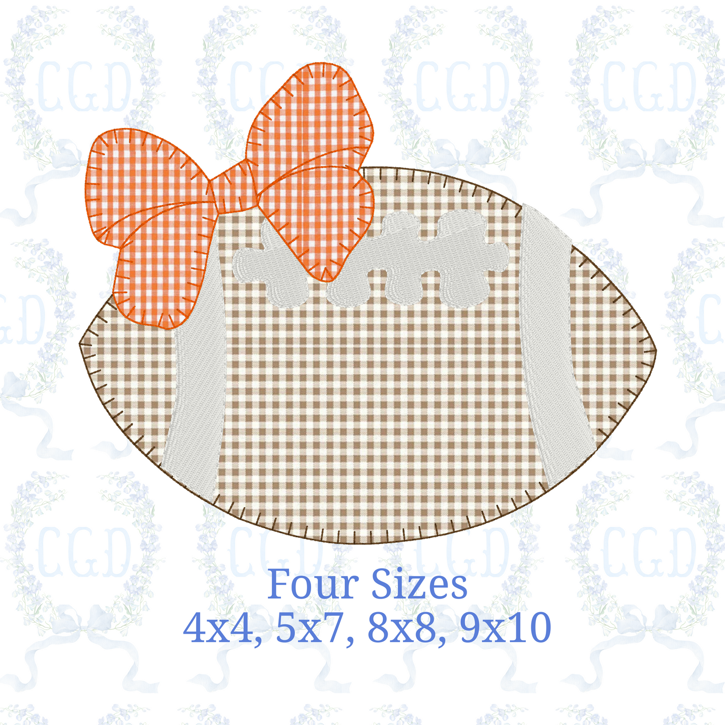 Football with Bow Blanket Stitch applique, quick stitch embroidery machine design download file 4x4, 5x7, 8x8, 9x10 by Cotton Gin Digitizing