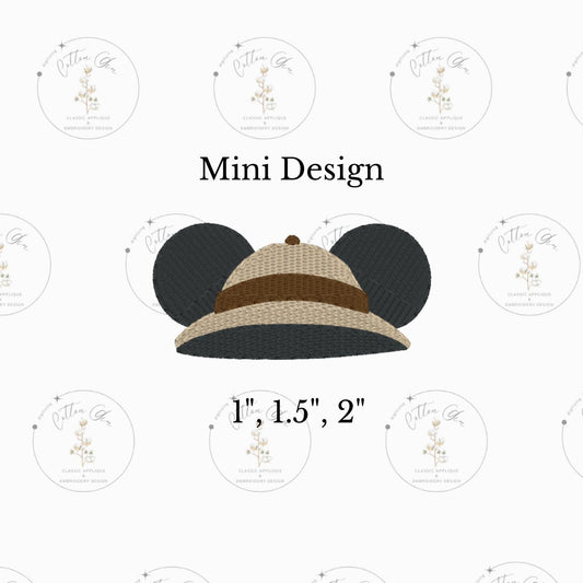 Mini Boy Mouse Ears Safari Hat Animal motif stitch, dense fill machine embroidery design download file three sizes Cotton Gin Digitizing