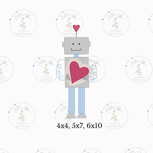 Valentines Day heart robot with valentine sketch fill, light fill, quick stitch machine embroidery design file by cotton gin digitizing 5x7