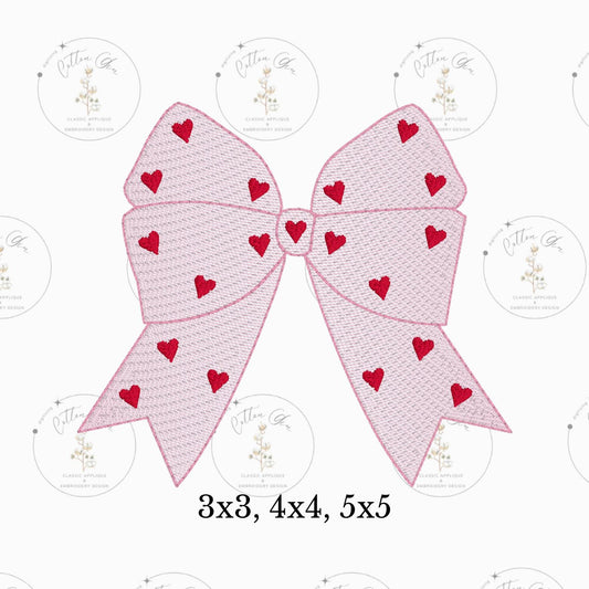 Valentines Day sketchy bow silhouette with hearts quick stitch, light fill embroidery download design file by cotton gin digitizing 3 sizes