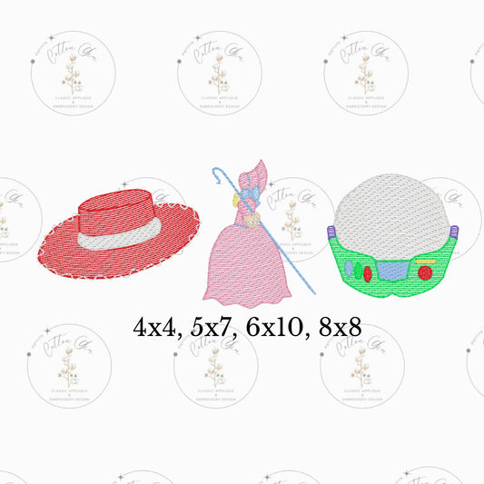 Cowgirl Hat Bo Peep Astronaut sketch fill, quick stitch embroidery machine design download file 4x4, 5x7, 6x10, 8x8 by Cotton Gin Digitizing