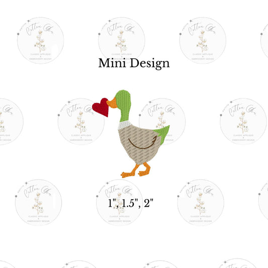Valentines Day mallard duck with heart trio sketch fill, light fill, quick stitch machine embroidery design download file one inch two inch