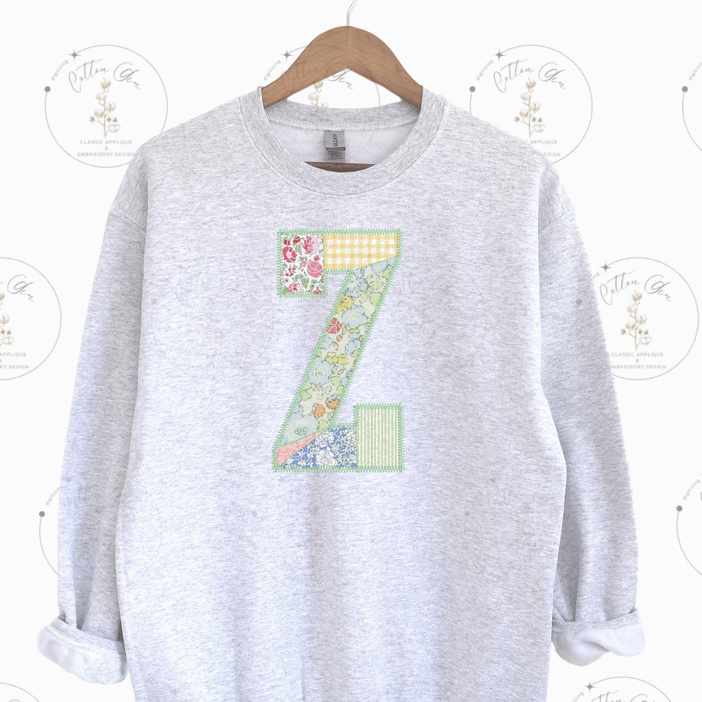 Quilted patchwork Varsity Initial Letter Z Applique machine embroidery design file by Cotton Gin Embroidery 4 5 6 7 8 9 10 inch hoop sizes
