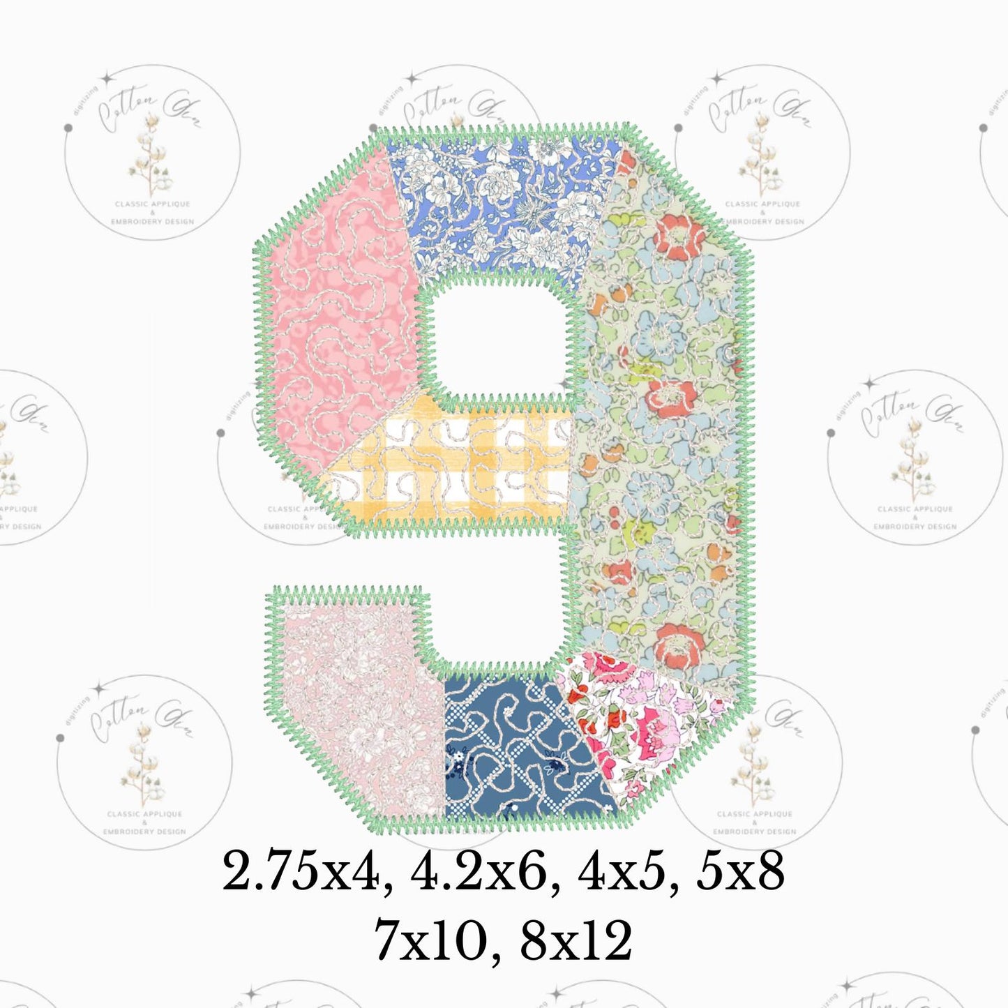 Quilted patchwork Varsity Number Nine 9 Applique machine embroidery design file by Cotton Gin Embroidery 4 5 6 8 10 12 inch hoop sizes